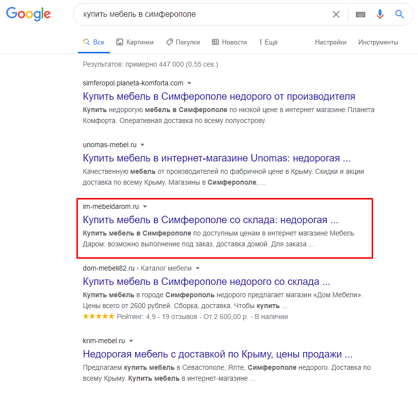 позиции сайта по запросу "Купить мебель в Симферополе" в Google
